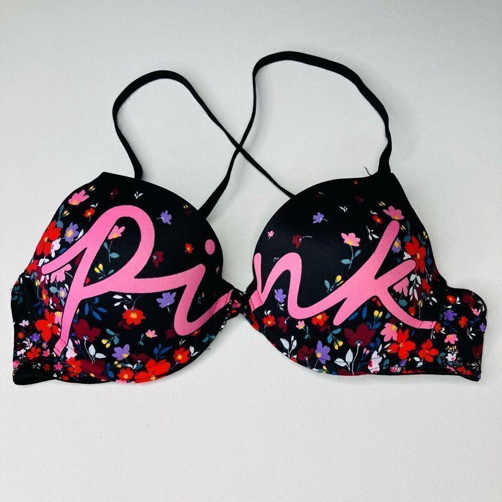 Victoria's Secret Womens PINK Push Up Bra Cross Back Underwire Black Pink 34B
